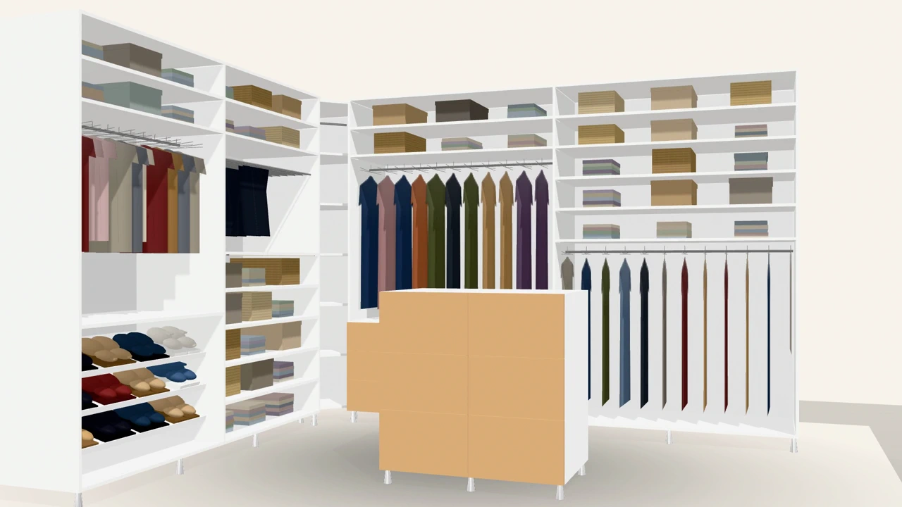 A wardrobe design rendered in 3D by the Closetforge configurator on the demo site.