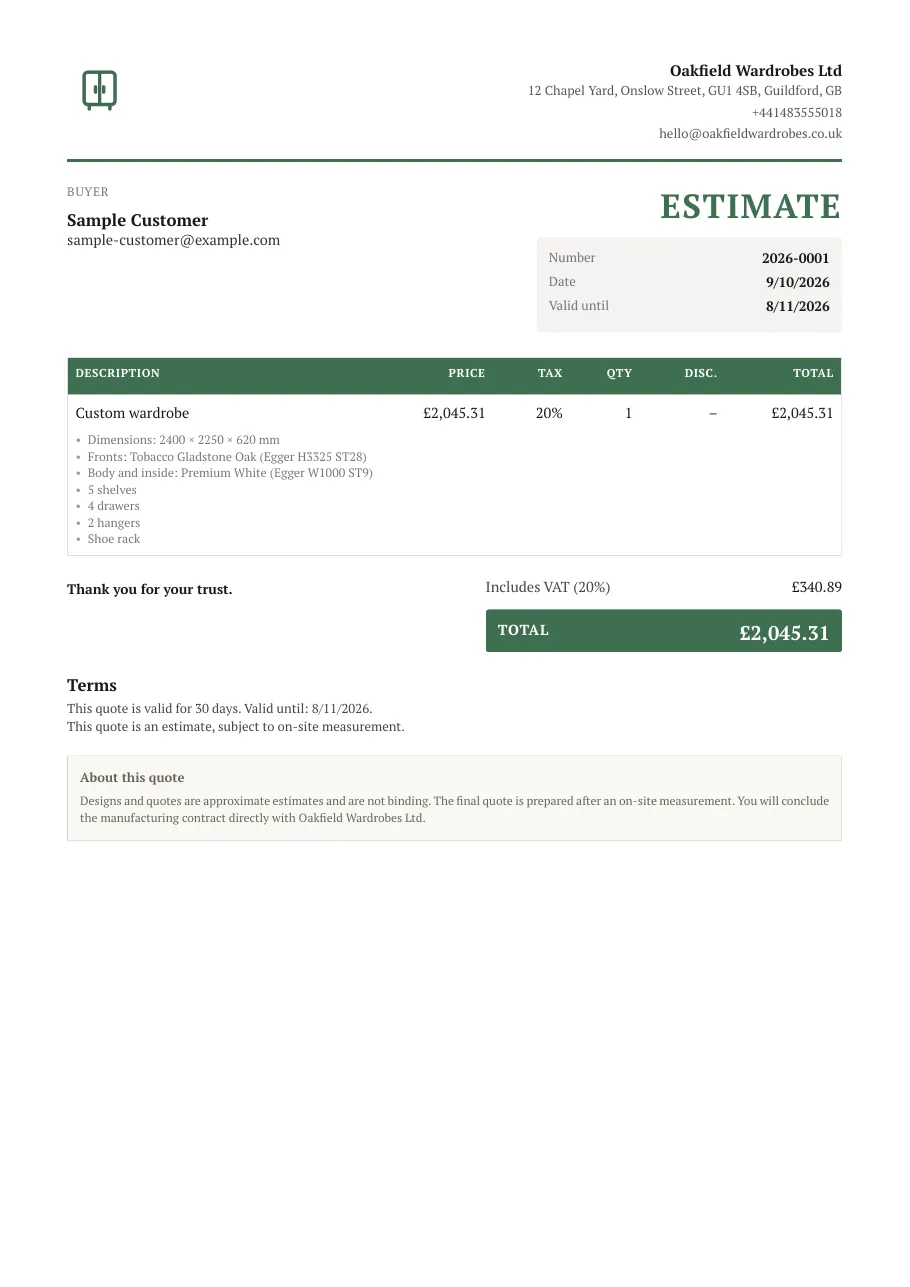 First page of a sample customer quote PDF from the Oakfield demo workshop: one sliding-door wardrobe, total £2,045.31 including VAT.